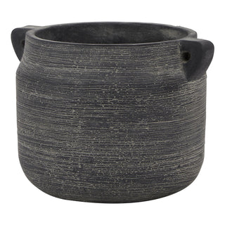 A gray ceramic Hydria pot with handles, displaying a textured finish.