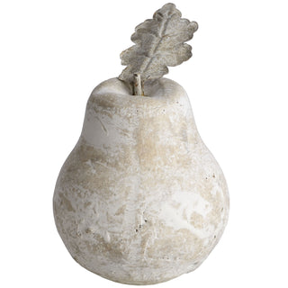 A decorative stone pear with a gray and beige color, featuring a leaf on top.