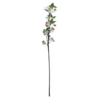 A lifelike artificial English blossom branch with green leaves and white flowers, designed for use in home decor.