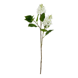 Artificial white lilac stem with green leaves and white flower clusters designed for use in floral arrangements.