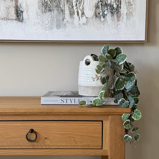 A styled interior scene showing a light oak console table with a drawer and ring pull, topped with a white ceramic planter holding a trailing green plant. A book and a large abstract wall painting are visible in the background against a beige wall.