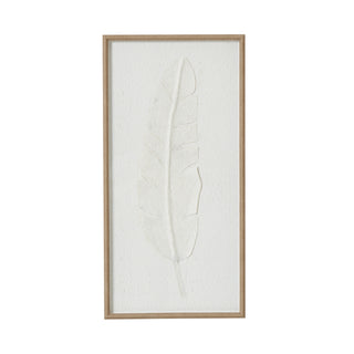 A handcrafted white feather wall art mounted on a white background with a beige frame.