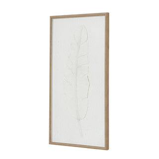 A handcrafted white feather wall art mounted on a white background with a beige frame.