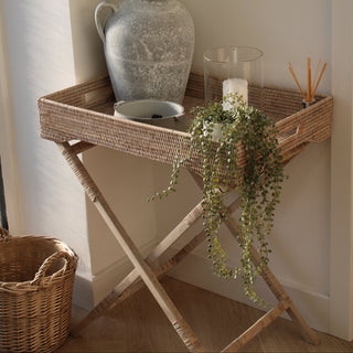 rattan detachable tray table with wooden legs. pictured with decorative items 