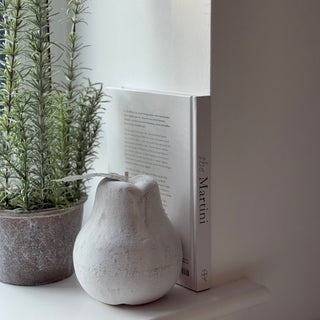Decorative object resembling a pear next to a book titled 'The Martini' with plants in the background.