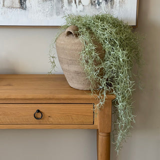 A light beige ceramic planter pot filled with trailing pale green air plant stems, displayed on a light wood console table beneath a large abstract wall art print.