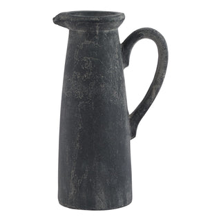 A tall, charcoal-colored ceramic jug with a simple, elegant design and a visible handle.