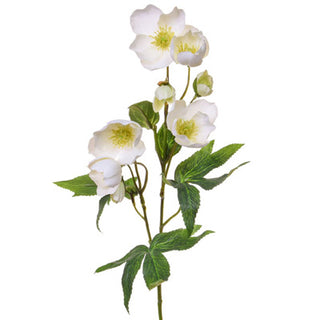 Artificial flower stem with white flowers and green leaves on a white background