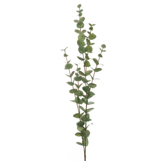 Artificial Eucalyptus spray stem with silver-sage tones and green leaves, used for decorative purposes in artificial flora arrangements.