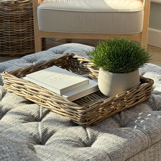 Wicker rattan tray with a plant on a grey sofa