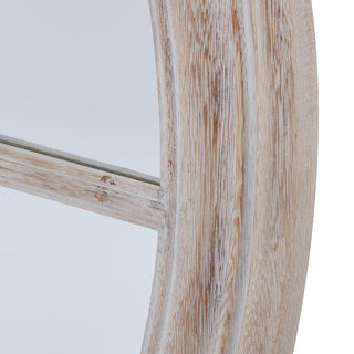 Section of a round mirror with a washed wood frame, featuring a natural, weathered finish.