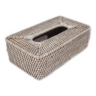 A rectangular rattan tissue box holder in a grey color, with a woven design.