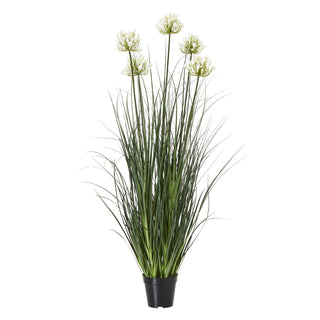 A realistic looking artificial Large White Agapanthus plant with tall green grass and white blooms in a black pot.