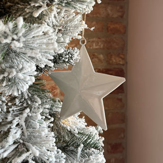 White star ornament on a frosted Christmas tree with a patterned wall in the background