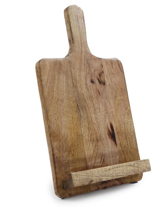 A wooden recipe book holder with a natural grain finish.