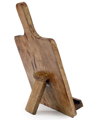 wooden recipe book holder back view on white back ground 