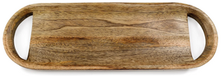 A rectangular wooden serving board with handles on the sides.